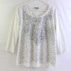 JM Collection Gray Spotted 3/4-Sleeve Sequin White T-Shirt Women's PL