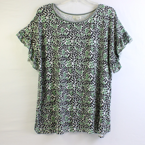 Max Studio Green Black White Floral Short Sleeve Shirt Pattern Women's Size 1X