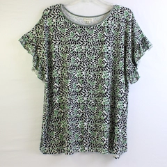 Max Studio Green Black White Floral Short Sleeve Shirt Pattern Women's Size 1X