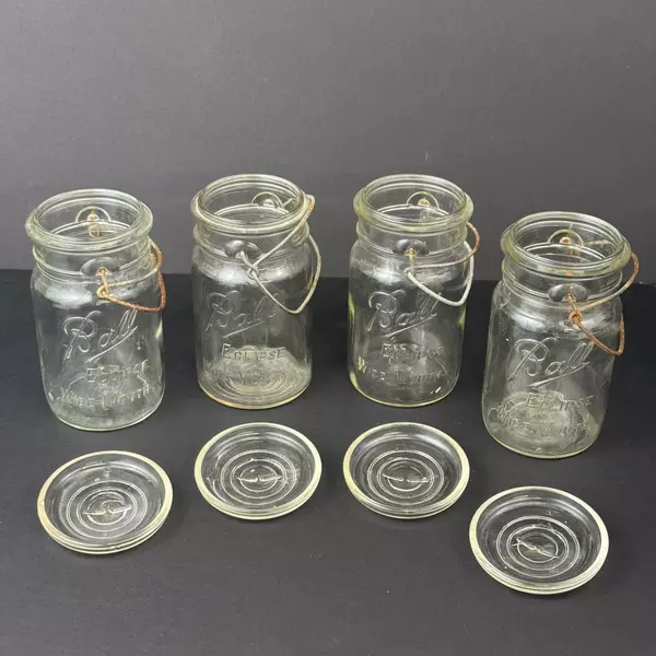 4 Vintage Ball Eclipse Wire Bail Wide Mouth Quart Glass Canning Jars with Lids