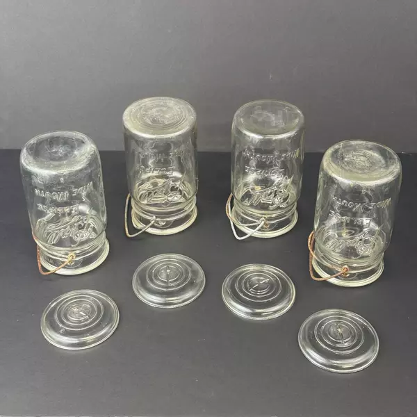 4 Vintage Ball Eclipse Wire Bail Wide Mouth Quart Glass Canning Jars with Lids