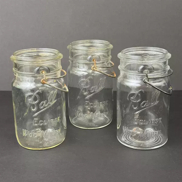 3 Vintage Ball Eclipse Wire Bail Wide Mouth Quart Glass Canning Jars No Lids