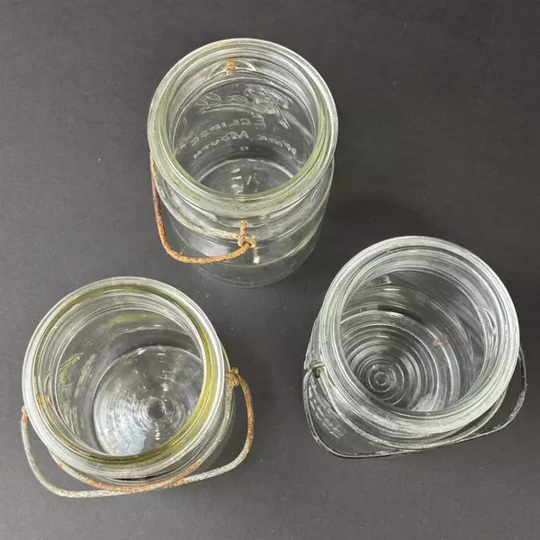 3 Vintage Ball Eclipse Wire Bail Wide Mouth Quart Glass Canning Jars No Lids
