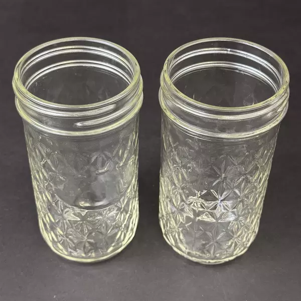 Lot of 7 Canning Jars Five 4 Ounce And Two 12 Ounce Quilted Jelly No Lids