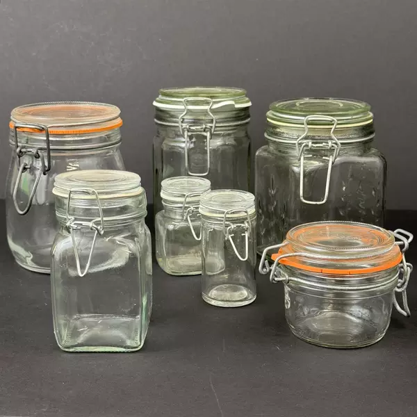 7 Glass Hinged Wire Bail Storage Jars W/ Glass Lids Rubber Seals Assorted Sizes