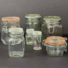 7 Glass Hinged Wire Bail Storage Jars W/ Glass Lids Rubber Seals Assorted Sizes