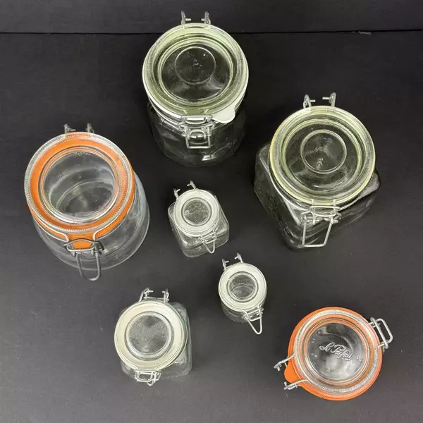7 Glass Hinged Wire Bail Storage Jars W/ Glass Lids Rubber Seals Assorted Sizes