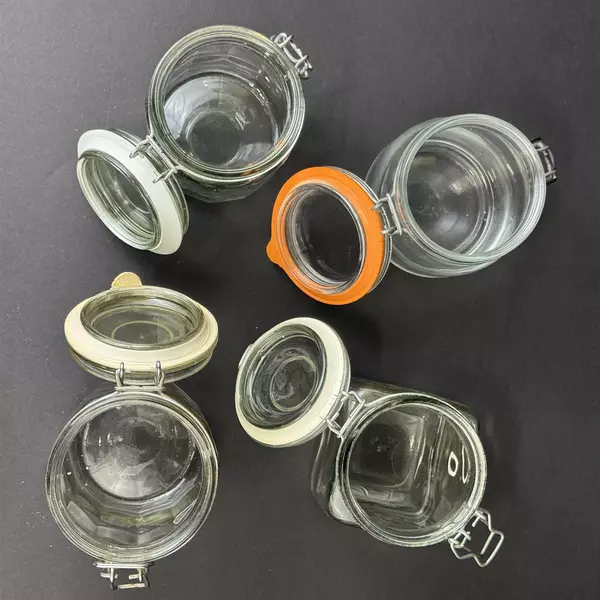 7 Glass Hinged Wire Bail Storage Jars W/ Glass Lids Rubber Seals Assorted Sizes