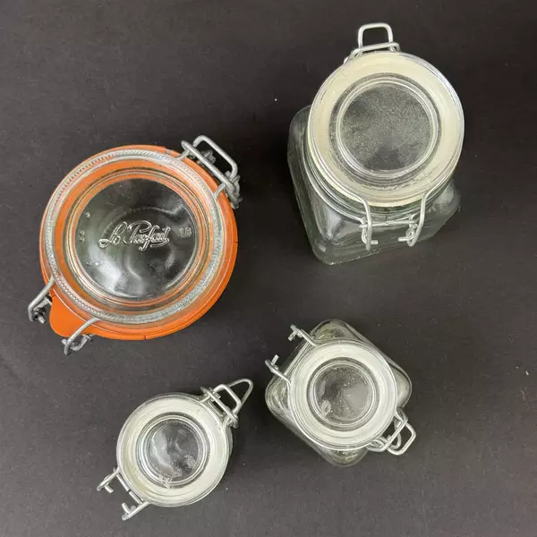 7 Glass Hinged Wire Bail Storage Jars W/ Glass Lids Rubber Seals Assorted Sizes