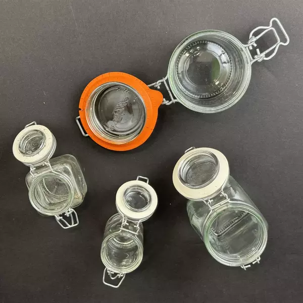 7 Glass Hinged Wire Bail Storage Jars W/ Glass Lids Rubber Seals Assorted Sizes