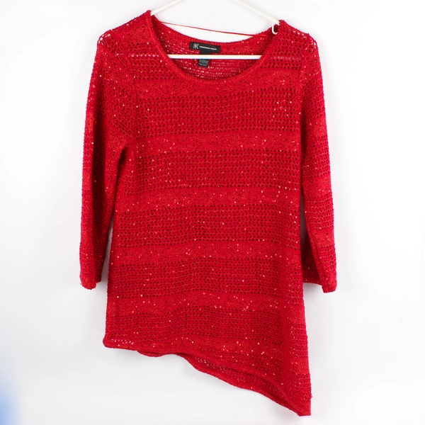 International Concepts Women's L Crochet Sequined Red Asymmetric Sweater Top