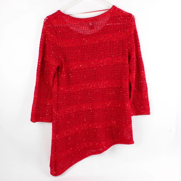 International Concepts Women's L Crochet Sequined Red Asymmetric Sweater Top