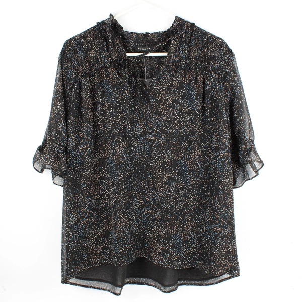 NWT Pleione Women's XL Black with Colorful Dots Tie V-Neck Blouse 