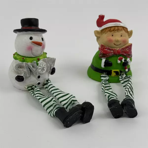 Lot of 2 Christmas Elf and Snowman Mantel Decorations 6" Hanging Accent