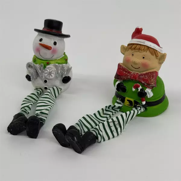 Lot of 2 Christmas Elf and Snowman Mantel Decorations 6" Hanging Accent