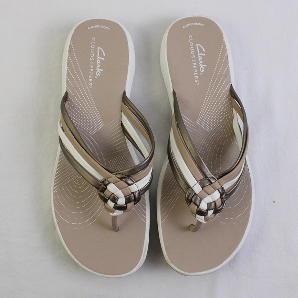 Clarks Cloudsteppers Cushionsoft Flip Flops Tan/White Women's Size 6.5