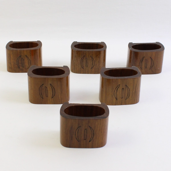 Lot of 6 Wooden Napkin Ring Holders with Carved Pattern on Top