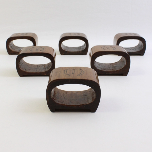 Lot of 6 Wooden Napkin Ring Holders with Carved Pattern on Top