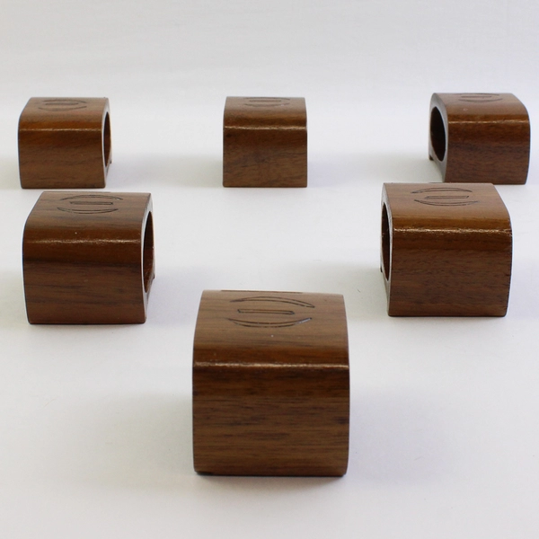 Lot of 6 Wooden Napkin Ring Holders with Carved Pattern on Top
