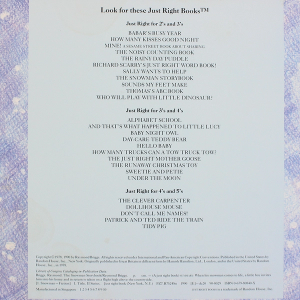 The Snowman Storybook by Raymond Briggs A Just Right Book For 2's & 3's 1990 HC