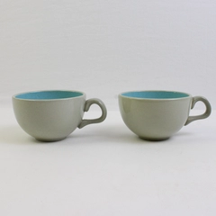 Set of 2 Vintage MCM Harkerware Blue Speckled Ceramic Teacups