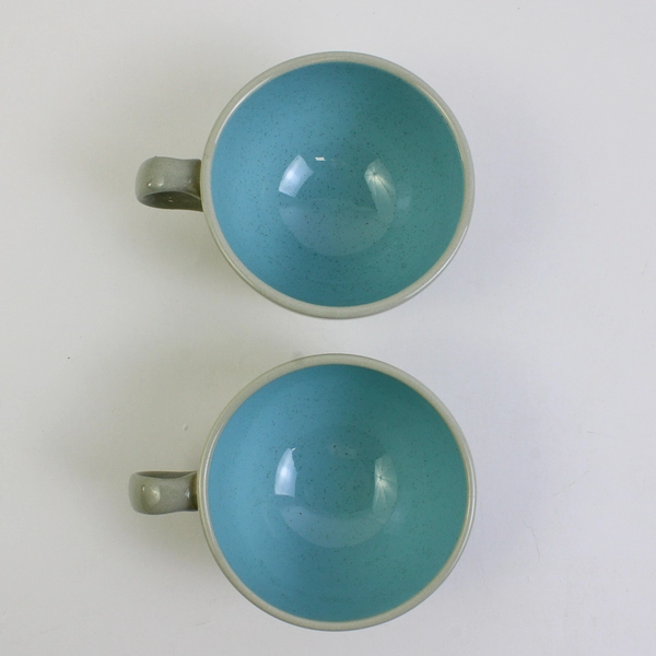Set of 2 Vintage MCM Harkerware Blue Speckled Ceramic Teacups