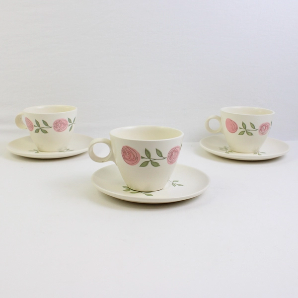 6 PC Set VTG Vernon Ware by Metlox Rose a Day MCM Flat Cups and Saucers