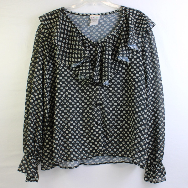 Style My Way Sheer Black/White Floral Long Sleeve Button Up Blouse Women' Size L