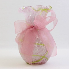 Vintage Multicolor Splatter Art Glass Ruffle Top Vase, Pink & Green 7.12" tall