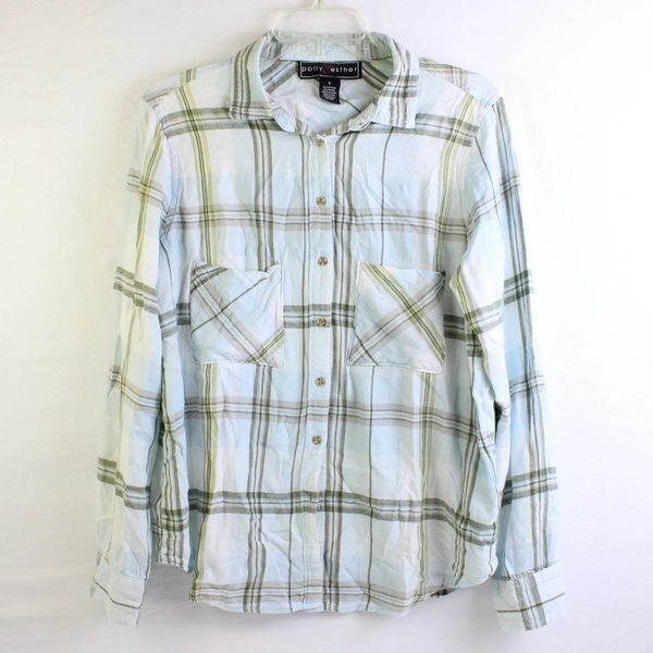 Polly & Esther Women's L Light Blue Plaid Long Sleeve Button Up Shirt