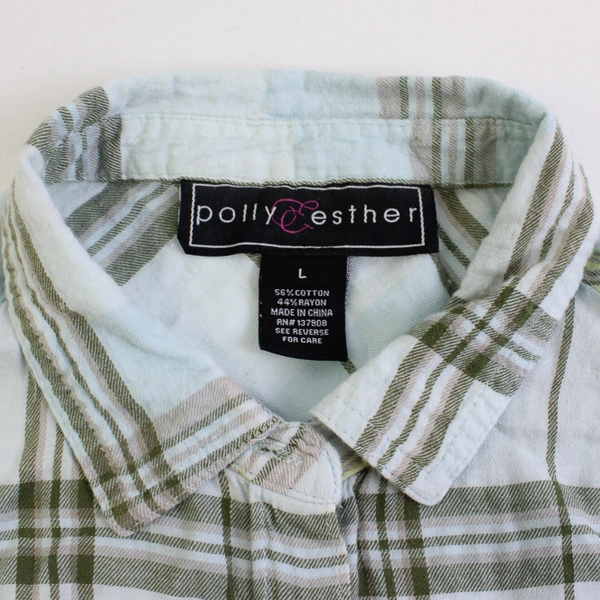 Polly & Esther Women's L Light Blue Plaid Long Sleeve Button Up Shirt