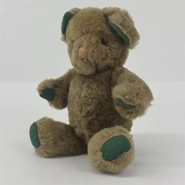 Vtg Jointed Brown Teddy Bear With Green Felt Pads On Its Paws And Inside Ears
