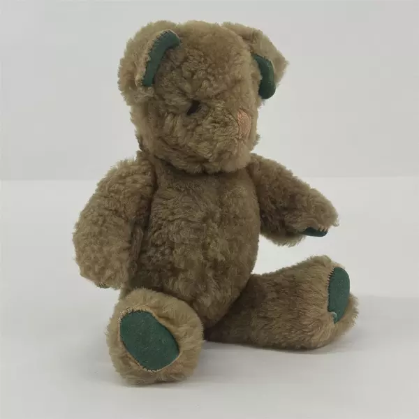 Vtg Jointed Brown Teddy Bear With Green Felt Pads On Its Paws And Inside Ears