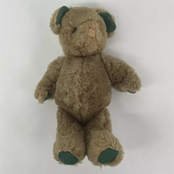 Vtg Jointed Brown Teddy Bear With Green Felt Pads On Its Paws And Inside Ears