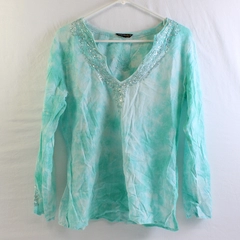 Chaudry KC Semi-Sheer Aqua Blue Long-Sleeve V-Neck Sequins Top Women's Large