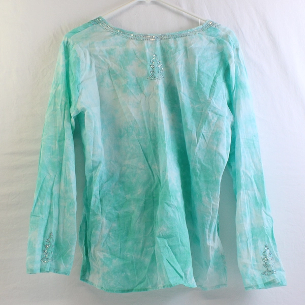 Chaudry KC Semi-Sheer Aqua Blue Long-Sleeve V-Neck Sequins Top Women's Large