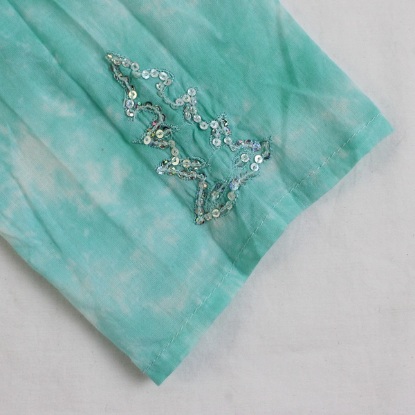 Chaudry KC Semi-Sheer Aqua Blue Long-Sleeve V-Neck Sequins Top Women's Large