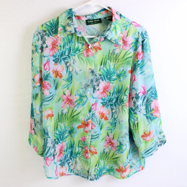 Lemon Grass Studio Semi-Sheer Tropical Floral Print Button-Up Women's Large