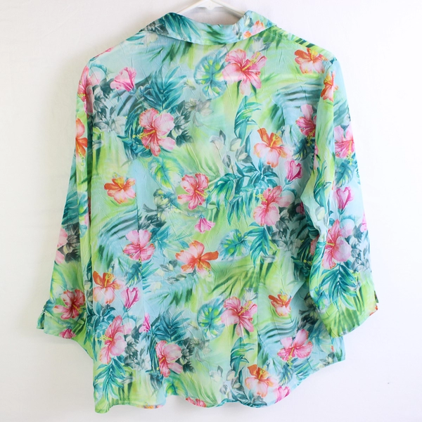 Lemon Grass Studio Semi-Sheer Tropical Floral Print Button-Up Women's Large