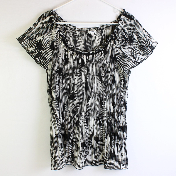 Nicola Sheer Black and White Short-Sleeve Blouse Beaded Collar Women's Large