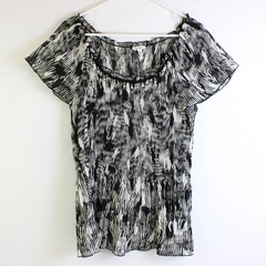 Nicola Sheer Black and White Short-Sleeve Blouse Beaded Collar Women's Large