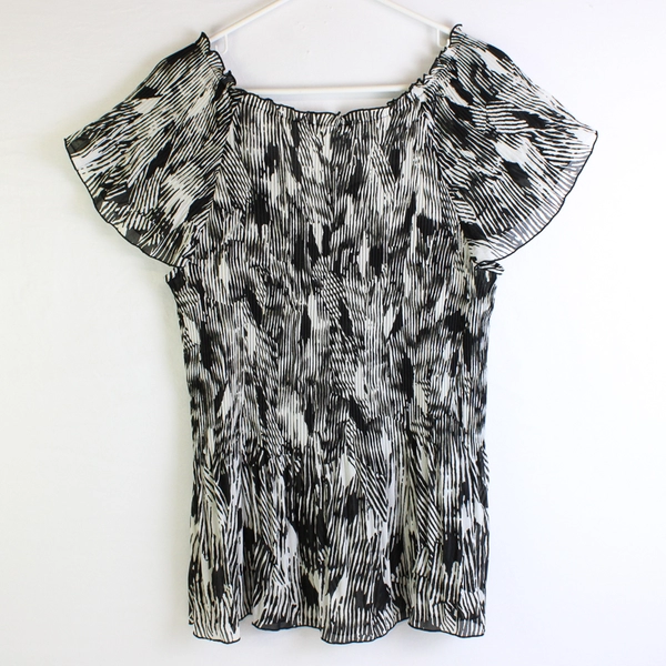 Nicola Sheer Black and White Short-Sleeve Blouse Beaded Collar Women's Large