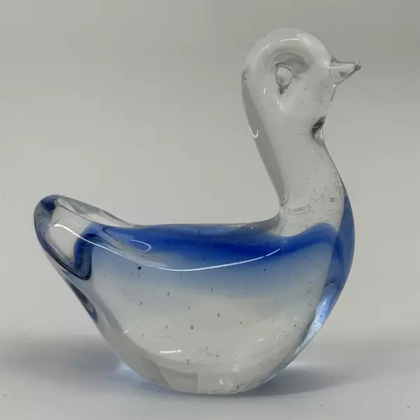 Handblown Art Glass Duck Paperweight Clear & Blue 3.25" Tall