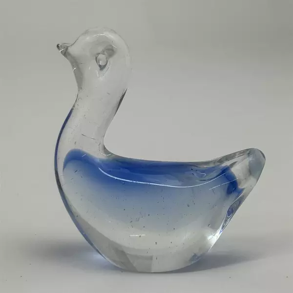 Handblown Art Glass Duck Paperweight Clear & Blue 3.25" Tall