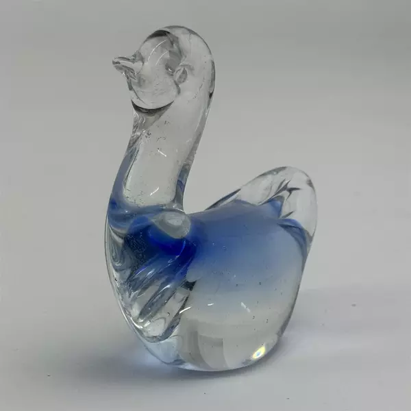 Handblown Art Glass Duck Paperweight Clear & Blue 3.25" Tall