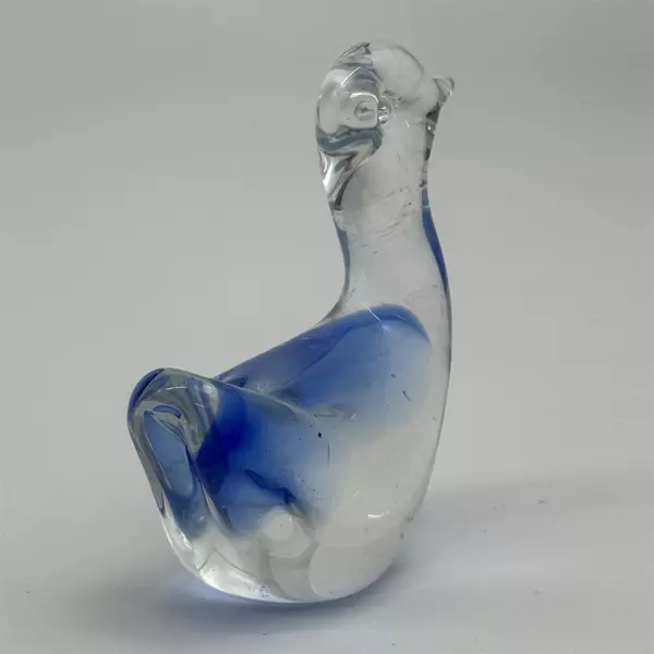 Handblown Art Glass Duck Paperweight Clear & Blue 3.25" Tall