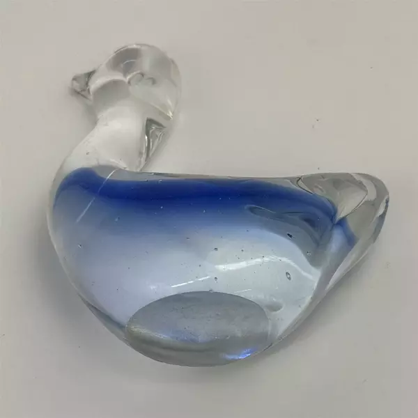 Handblown Art Glass Duck Paperweight Clear & Blue 3.25" Tall