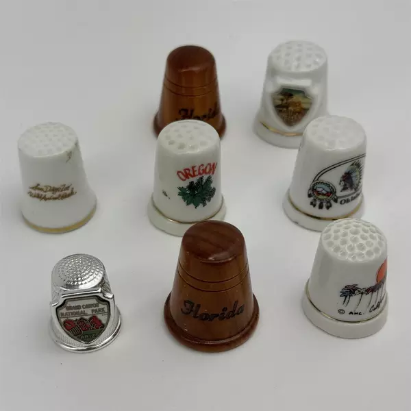 Lot of 8 U.S. Travel Souvenir Thimbles Ceramic Metal And Wood