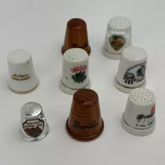 Lot of 8 U.S. Travel Souvenir Thimbles Ceramic Metal And Wood