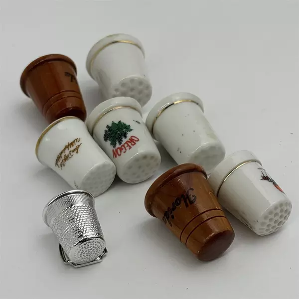 Lot of 8 U.S. Travel Souvenir Thimbles Ceramic Metal And Wood